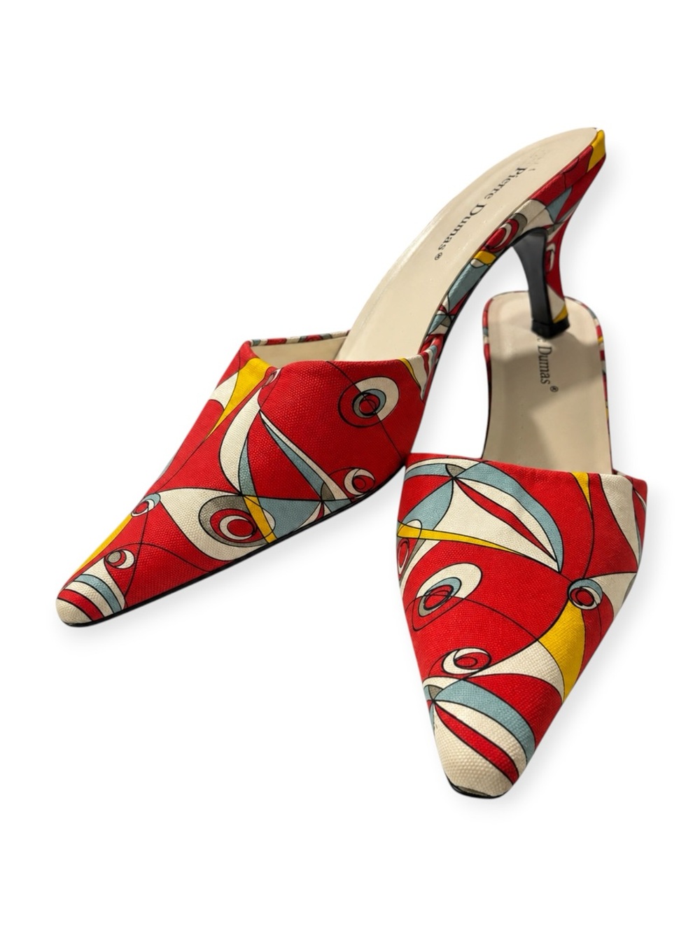 Vintage Pierre Dumas Abstract Geometric Mules Kitten Heels Red Yellow Size 8.5
